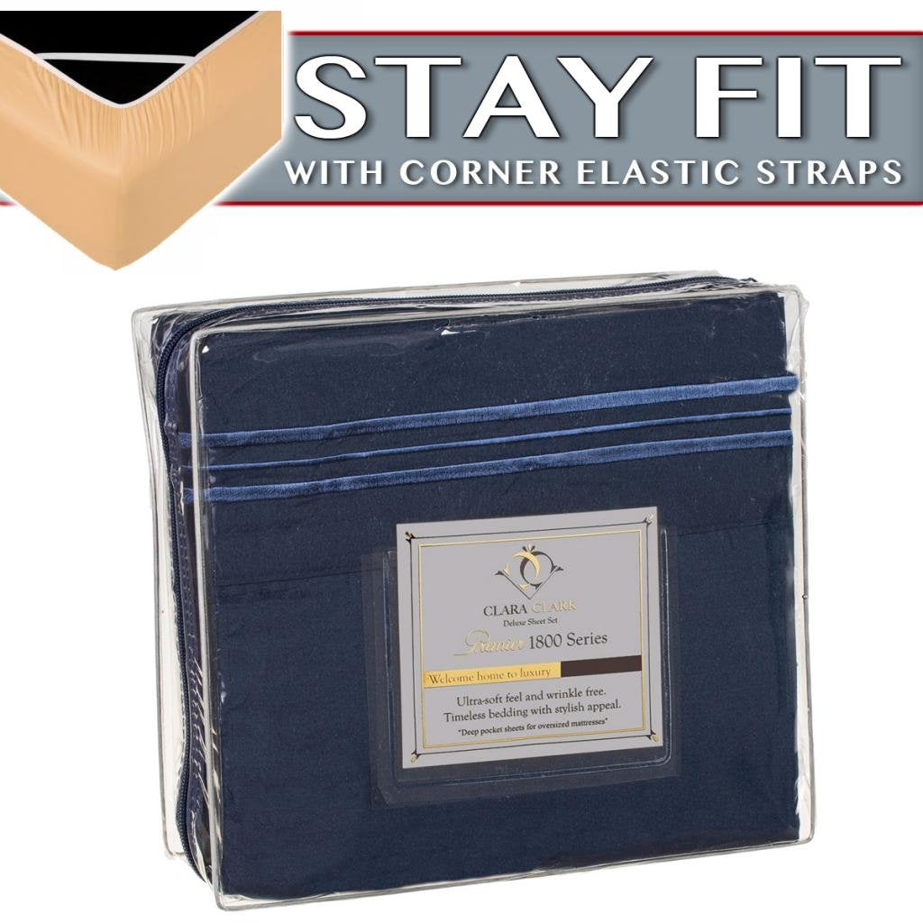 Clara Clark 1800 Series Bed Sheet Sets - Stay Fit On Mattress With Elastic Straps At Corners - Queen, Navy Blue